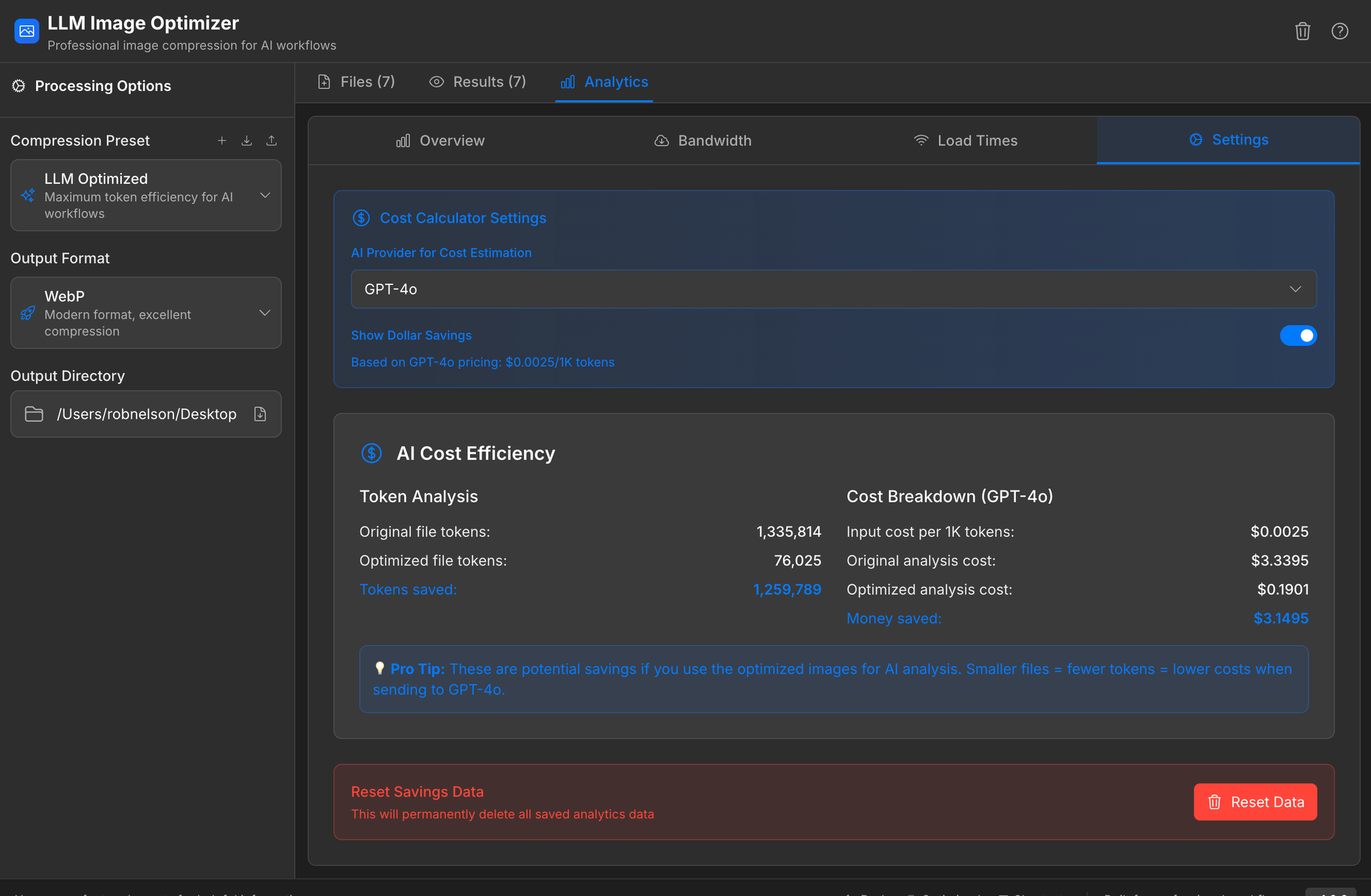 Analytics dashboard showing lifetime savings, bandwidth costs, and ROI tracking