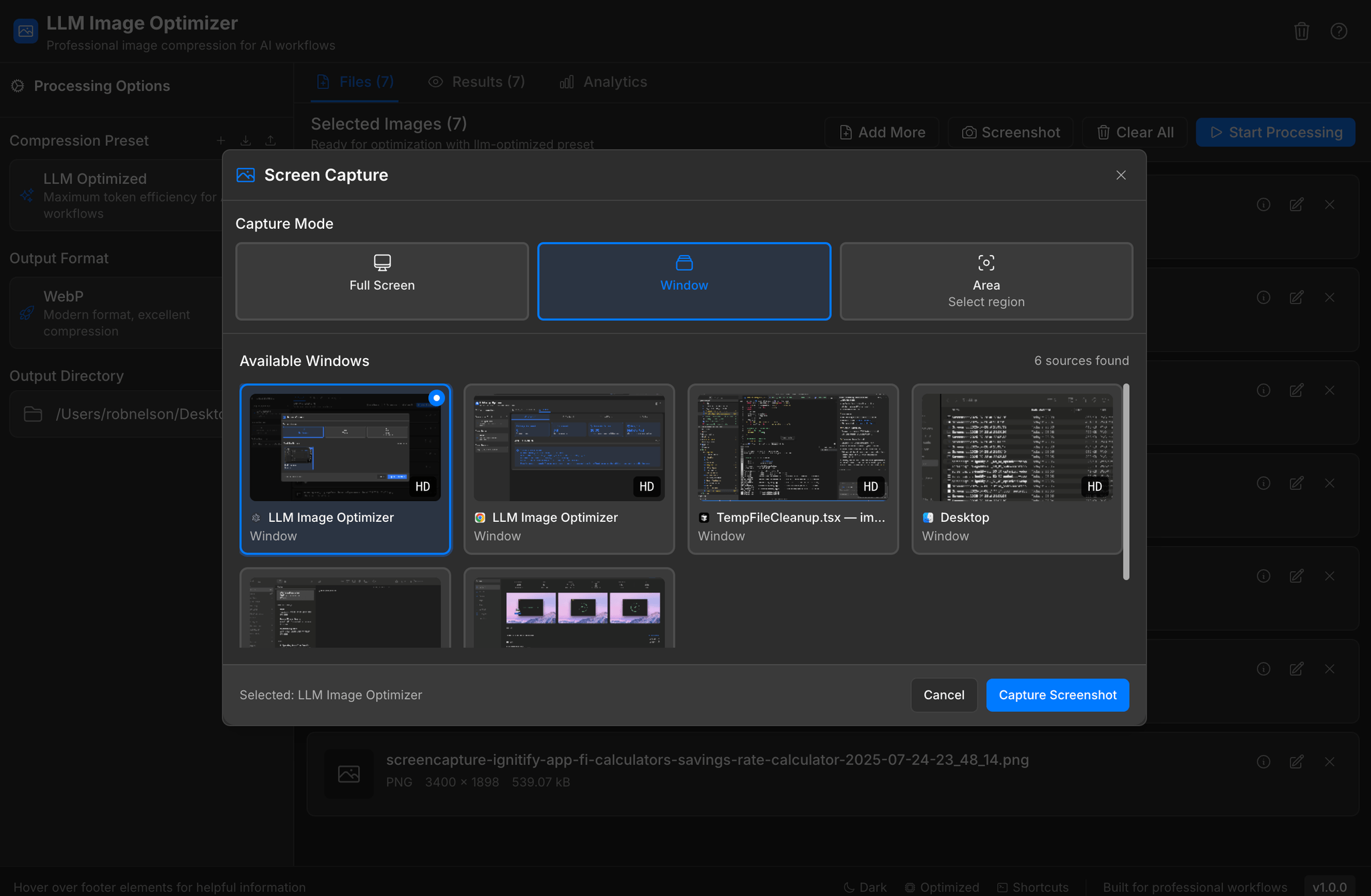 Screen capture interface with capture area selection and instant optimization