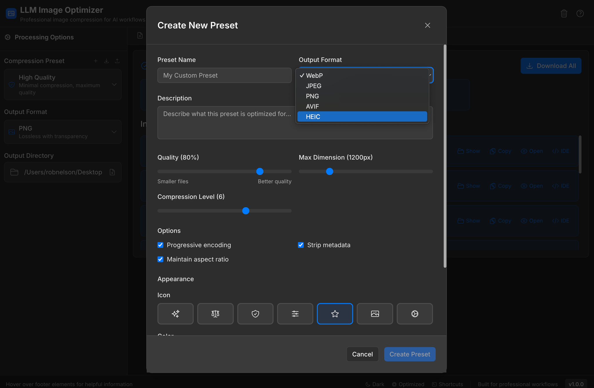 File format selection interface showing support for JPEG, PNG, WebP, AVIF, HEIC and more