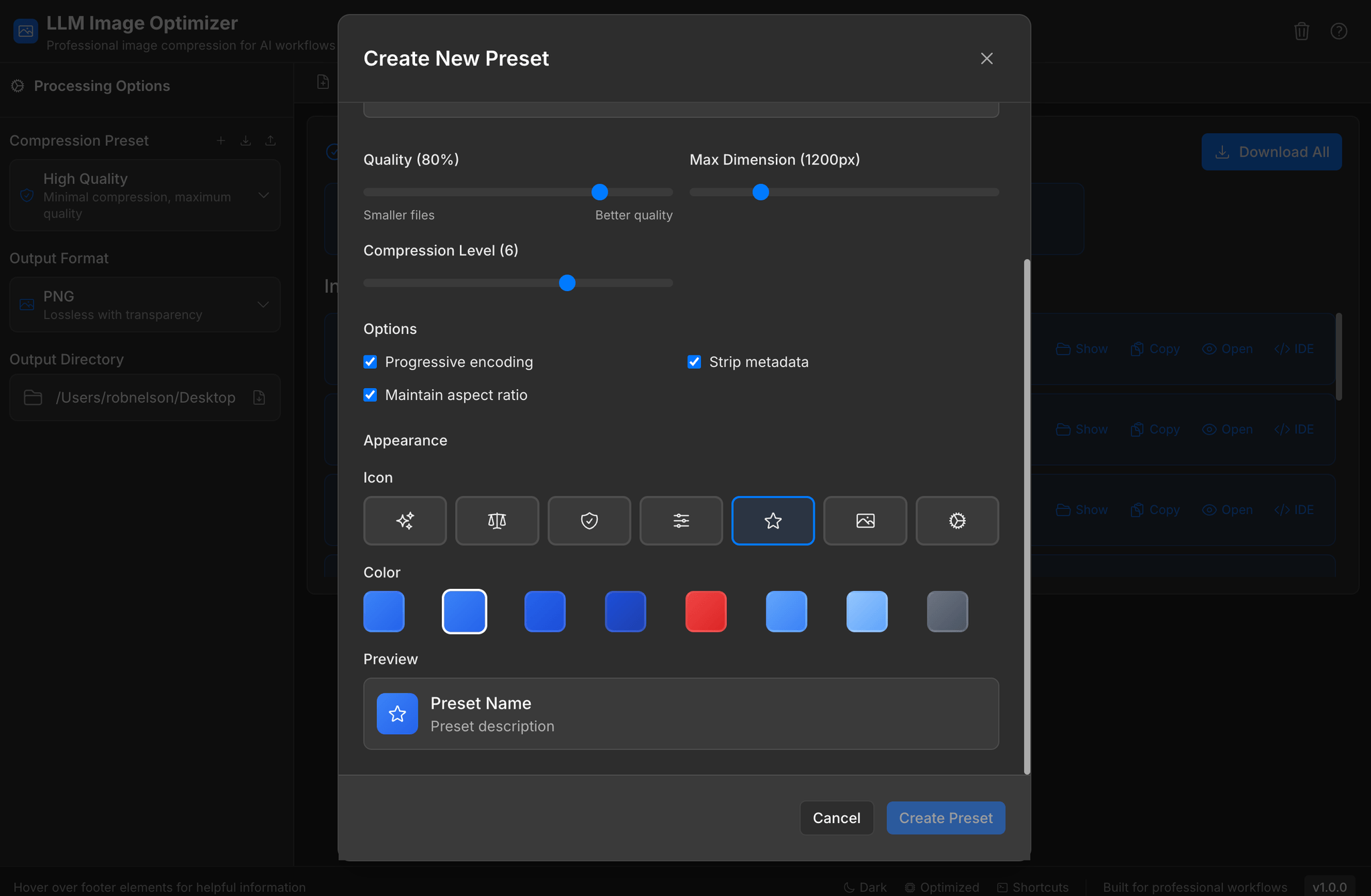 Preset creation interface showing custom settings for different LLM platforms