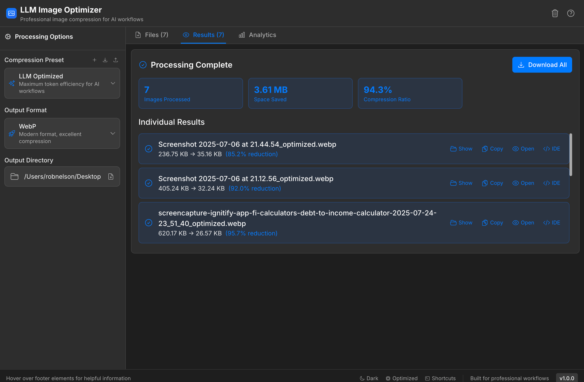 LLM Image Optimizer compression results showing before/after file sizes and token savings