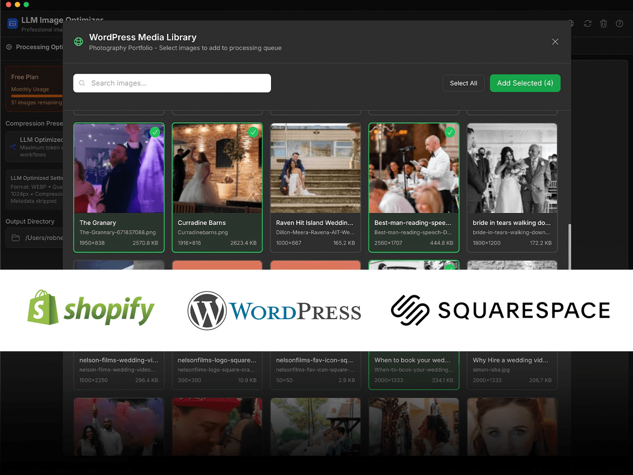 WordPress plugin interface showing media library integration and optimization options